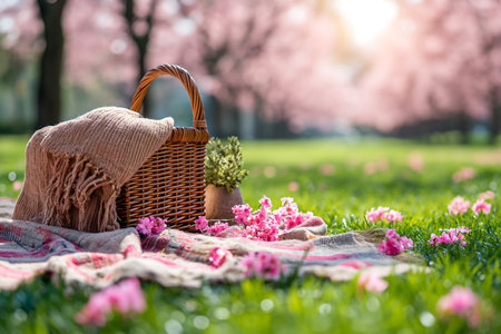 Picnic basket with a blanket and a basket of flowers on the grassの素材