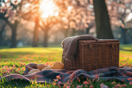 Picnic basket on the grass in the park at sunset with flowersの素材