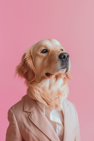 Ultra minimalism photography of a Golden retriever dog in Suitの素材