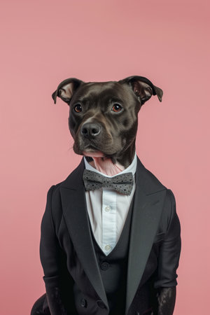 Ultra minimalism photography of a Staffordshire Bull Terrier dog in Suitの素材
