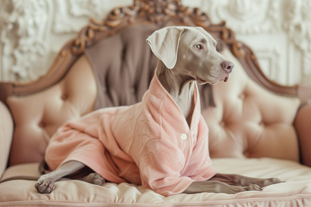 Cute Weimaraner puppy wearing a pink bathrobe.の素材