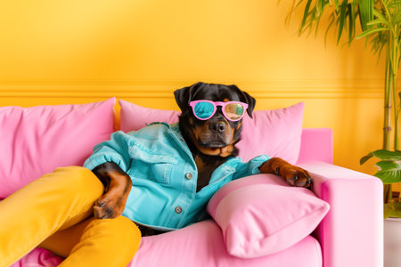 Cute Rottweiler dog posing in a vintage-style apartment with pastel colorsの素材