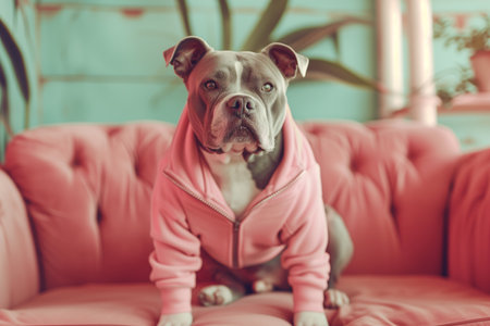 Cute American Bully dog posing in a vintage-style apartment with pastel colorsの素材