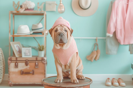 Cute Shar Pei dog posing in a vintage-style apartment with pastel colorsの素材