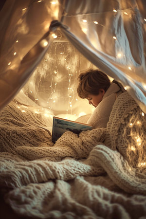 A child reading a storybook under a makeshift tent of blankets and fairy lights, engrossed in a world of fantasy and imaginationの素材
