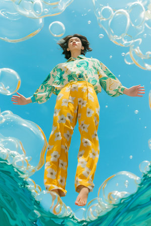 A woman in a yellow and green outfit is floating in the air above a body of water. The image has a dreamy, ethereal quality to it, as if the woman is defying gravityの素材