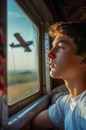 A young man is looking out the window of a train, watching an airplane fly by. The scene is peaceful and serene, with the man enjoying the view of the sky and the airplaneの素材