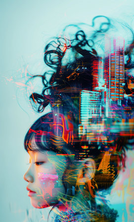 A woman's head is covered in a colorful, abstract design. The image is a collage of different elements, including a city skyline and a building. Scene is vibrant and energetic, with the woman's hairの素材