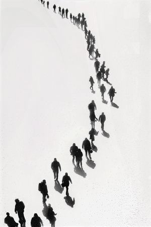 A long line of people walking in the snow. The image is black and white and has a very somber moodの素材