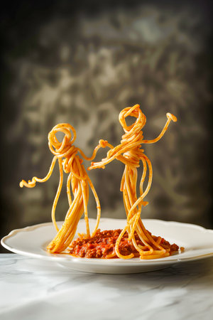 Two people made out of spaghetti on a plate with red sauceの素材