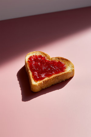 A heart-shaped toast with jelly on it. The jelly is red and the toast is brownの素材