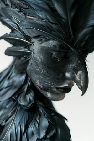 A woman with a bird headdress and feathers on her face. The feathers are black and the woman's face is painted white. The image has a dark and eerie moodの素材