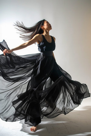 A woman in a black dress with long hair is dancing in the air. The dress is long and flowing, and the woman's hair is blowing in the wind. Concept of freedom and joyの素材