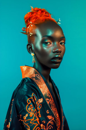 A woman with orange hair and a black and gold robe. She is wearing gold earrings and a gold necklaceの素材