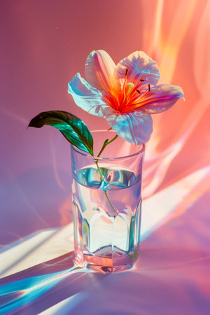 A glass vase with a single flower in it. The flower is white and pink. The vase is sitting on a tableの素材