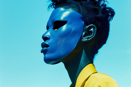 A woman with a blue mask on her face. The woman is standing in front of a blue skyの素材