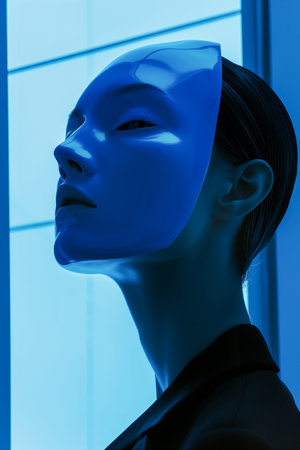 A woman is wearing a blue mask and looking at the camera. The blue color of the mask and the blue background create a sense of mystery and intrigue. The woman's expression is serious and focusedの素材