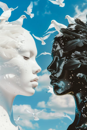 Two women with black and white faces are shown in the sky with birds flying around themの素材