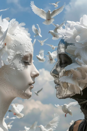 Two women with white faces and wings on their heads. The women are surrounded by a flock of white birdsの素材