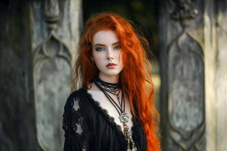 A woman with red hair and a black dress stands in front of a cemetery. She is wearing a necklace and a braceletの素材