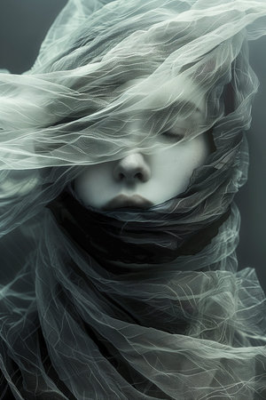 A woman's face is covered by a white veil. The veil is made of a material that looks like plastic. The woman's face is barely visible, and the veil is almost as big as her headの素材