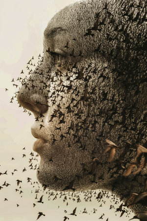 A woman's face is covered in birds. The image is a representation of the chaos and confusion that can come with a large flock of birds. The birds are scattered all over the faceの素材