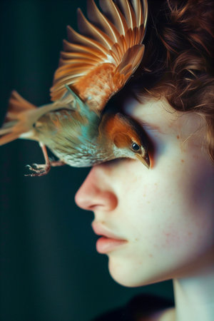 A woman's face is covered by a bird. The bird is perched on its nose and is looking at the camera. The image has a surreal and dreamlike quality to it, as if the woman is a bird herselfの素材