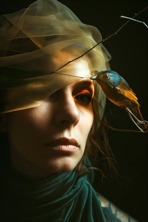 A woman is wearing a green scarf and a bird is perched on her head. The bird is looking down at the woman's faceの素材