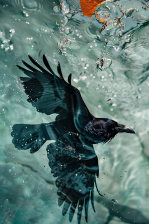 A black bird is flying in the air above a body of water. The bird is surrounded by water droplets, creating a sense of movement and fluidity. The image evokes a feeling of freedom and graceの素材