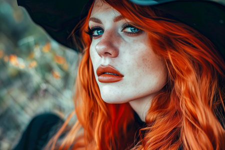 A woman with red hair and a black hat. She has a blue eye and is wearing red lipstickの素材