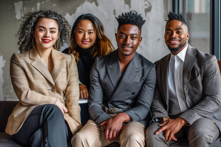 A group of people are sitting on a couch, all dressed in business attire. They are smiling and seem to be enjoying each other's company. Concept of camaraderie and professionalismの素材