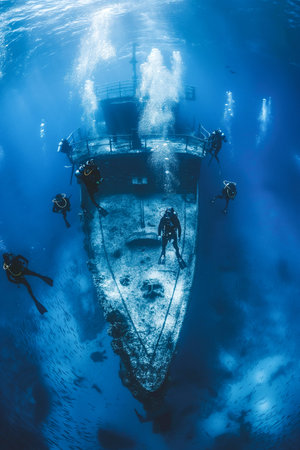 A group of people are diving in the ocean and one of them is on a boat. The boat is old and has a lot of rust on it. The water is very clear and the people are enjoying their timeの素材