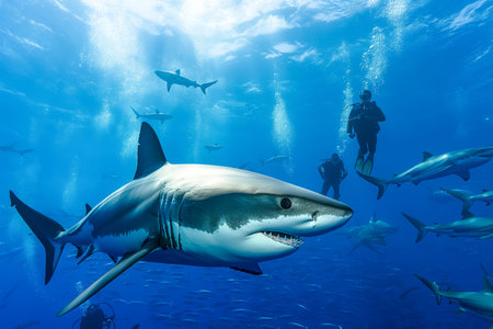 A shark is swimming in the ocean with a group of divers. The shark is surrounded by other sharks and fish. The scene is lively and exciting, with the divers enjoying their underwater adventureの素材
