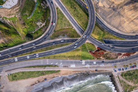 Highway of the Costa Verde, at the height of the district of Miraflores in the city of Lima. Peruの写真素材