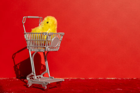 Cute little chick inside a shopping cart is alone on a red background. Conceptual.の写真素材