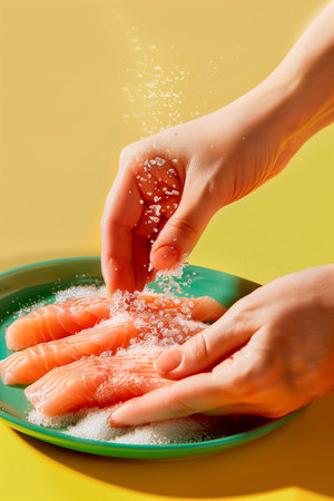 A person is sprinkling salt on a plate of food. The person is using their hands to sprinkle the saltの素材