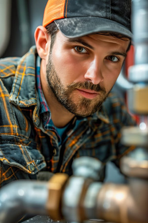 A man with a beard and a plaid shirt is looking at the camera. He is wearing a hat and a blue shirtの素材