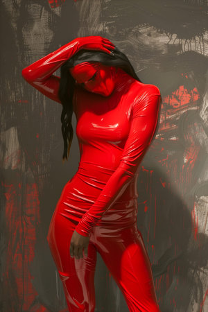 A woman in a red latex outfit is posing for a photo. The image has a dark and moody atmosphere, with the woman's red outfit and the red backgroundの素材
