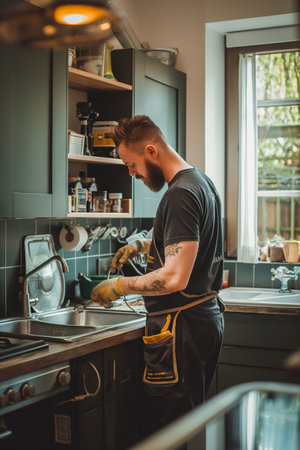 A man is washing dishes in a kitchen. The kitchen is well-equipped with a sink, stove, and oven. The man is wearing an apron and he is focused on his task. The kitchen has a modern and clean lookの素材