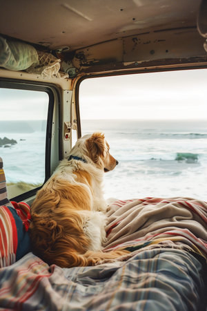 A dog is sitting on a bed in a van looking out the window at the ocean. Concept of relaxation and tranquility, as the dog enjoys the view of the water and the peaceful atmosphereの素材