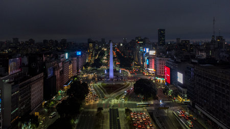 Beautiful night aerial shot of the Obelisk of Buenos Aires. Argentina