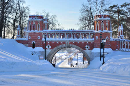 Brick arc in Tsaritsyno park in winter, Moscow  Russia の写真素材