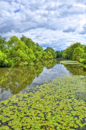 Fulda river in Aueweiher Park  in Fulda, Hessen, Germanyの写真素材