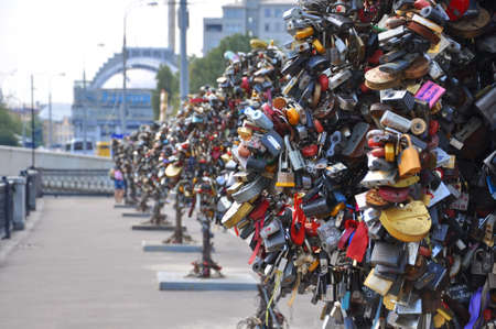 Thousands of wedding locks near Moscow River, Moscow, Russiaのeditorial素材
