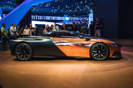 FRANKFURT - SEPT 21: Peugeot Onyx hybrid supercar (conceptcar) presented as world premiere at the 65th IAA (Internationale Automobil Ausstellung) on September 21, 2013 in Frankfurt, Germanyのeditorial素材