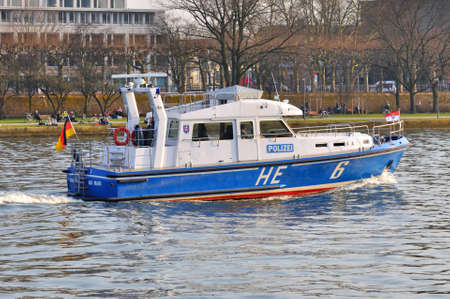 FRANKFURT, GERMANY - MARCH 18, 2015: Police motorboat, Demonstration Blockupyのeditorial素材