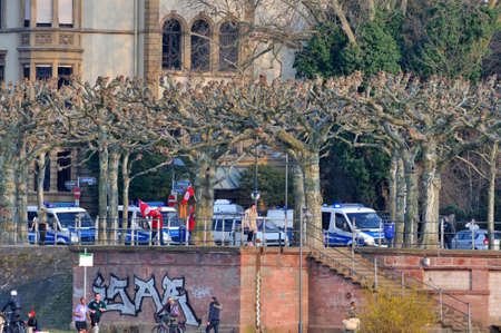 FRANKFURT, GERMANY - MARCH 18, 2015: Police cars, Demonstration Blockupyのeditorial素材