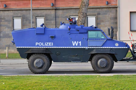 FRANKFURT, GERMANY - MARCH 18, 2015: Armored police car, Demonstration Blockupyのeditorial素材