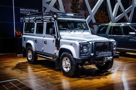 MOSCOW, RUSSIA - AUG 2012: LAND ROVER DEFENDER 110 presented as world premiere at the 16th MIAS Moscow International Automobile Salon on August 30, 2012 in Moscow, Russiaのeditorial素材