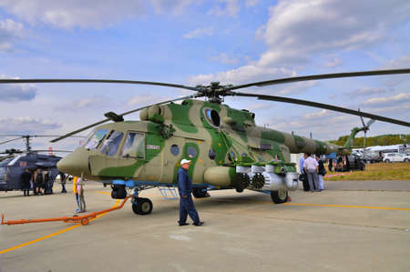 MOSCOW, RUSSIA - AUG 2015: transport helicopter Mi-17 Hip presented at the 12th MAKS-2015...